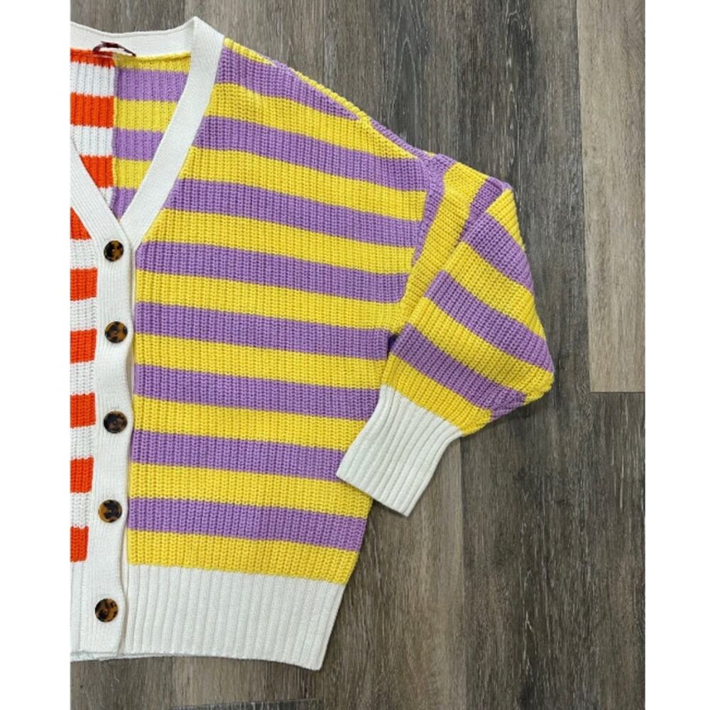 STAUD Essex Cardigan Cabana Stripe Orange Yellow Cream Purple Multi Large V-neck - Picture 7 of 16